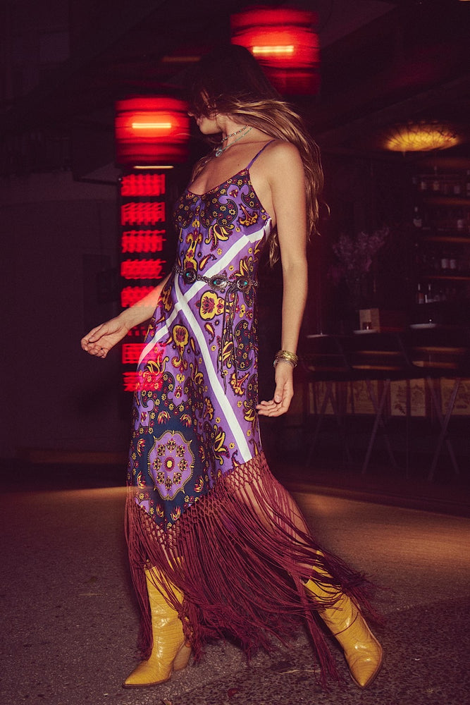 Wonderful Tonight Silk + Fringe Slip Dress - Purple Paisley