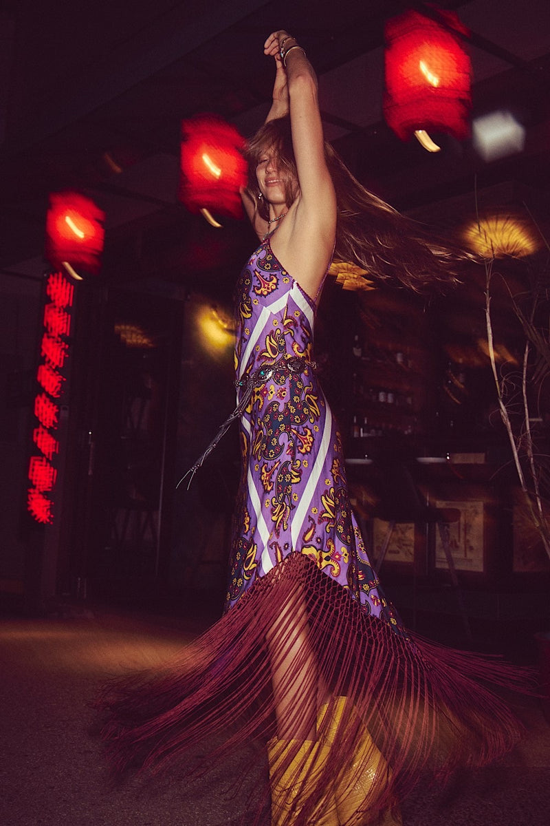 Wonderful Tonight Silk + Fringe Slip Dress - Purple Paisley