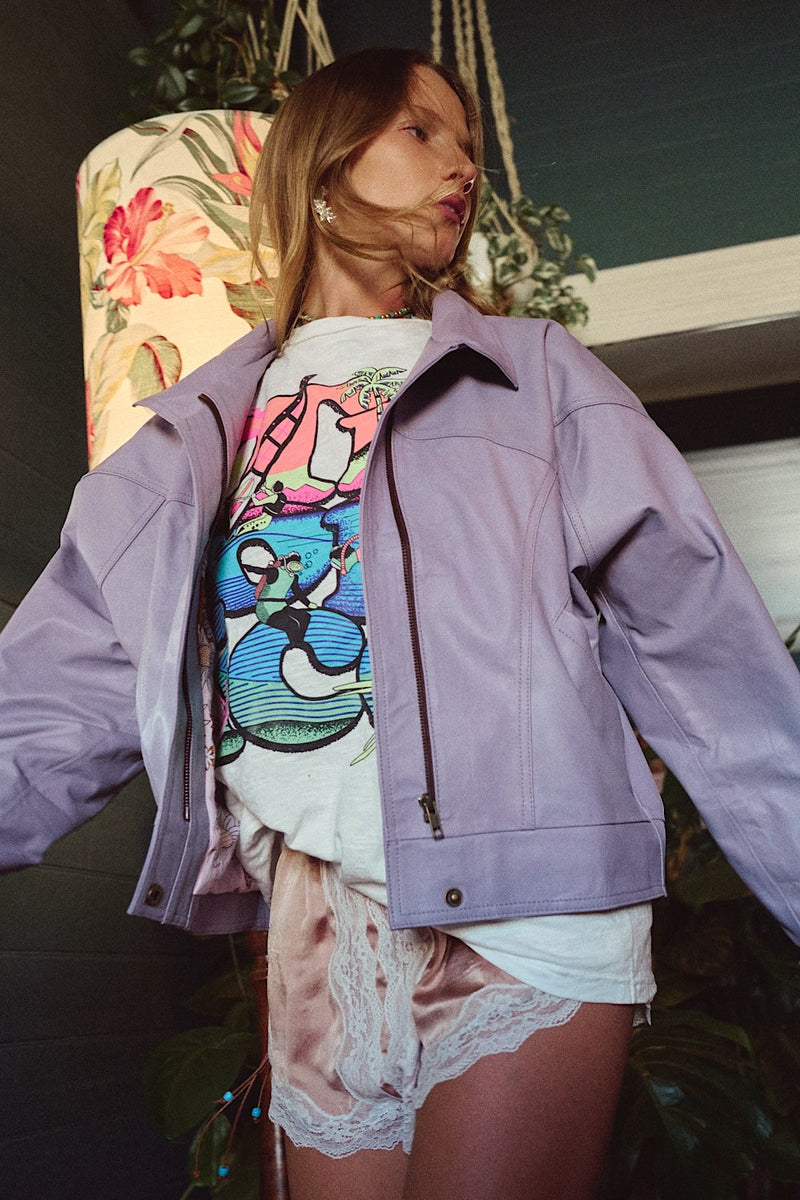 Material Girl Zip Leather Jacket - Lilac