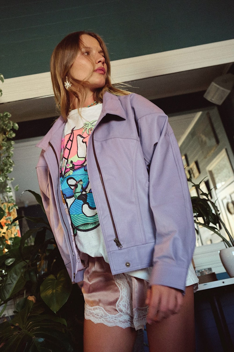 Material Girl Zip Leather Jacket - Lilac