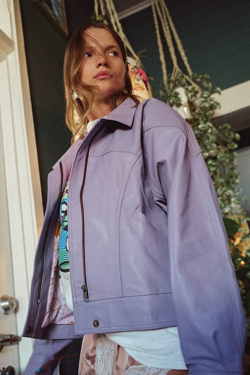 Material Girl Zip Leather Jacket - Lilac