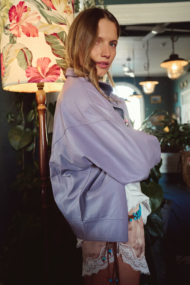 Material Girl Zip Leather Jacket - Lilac