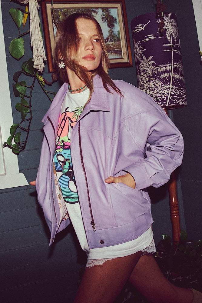Material Girl Zip Leather Jacket - Lilac