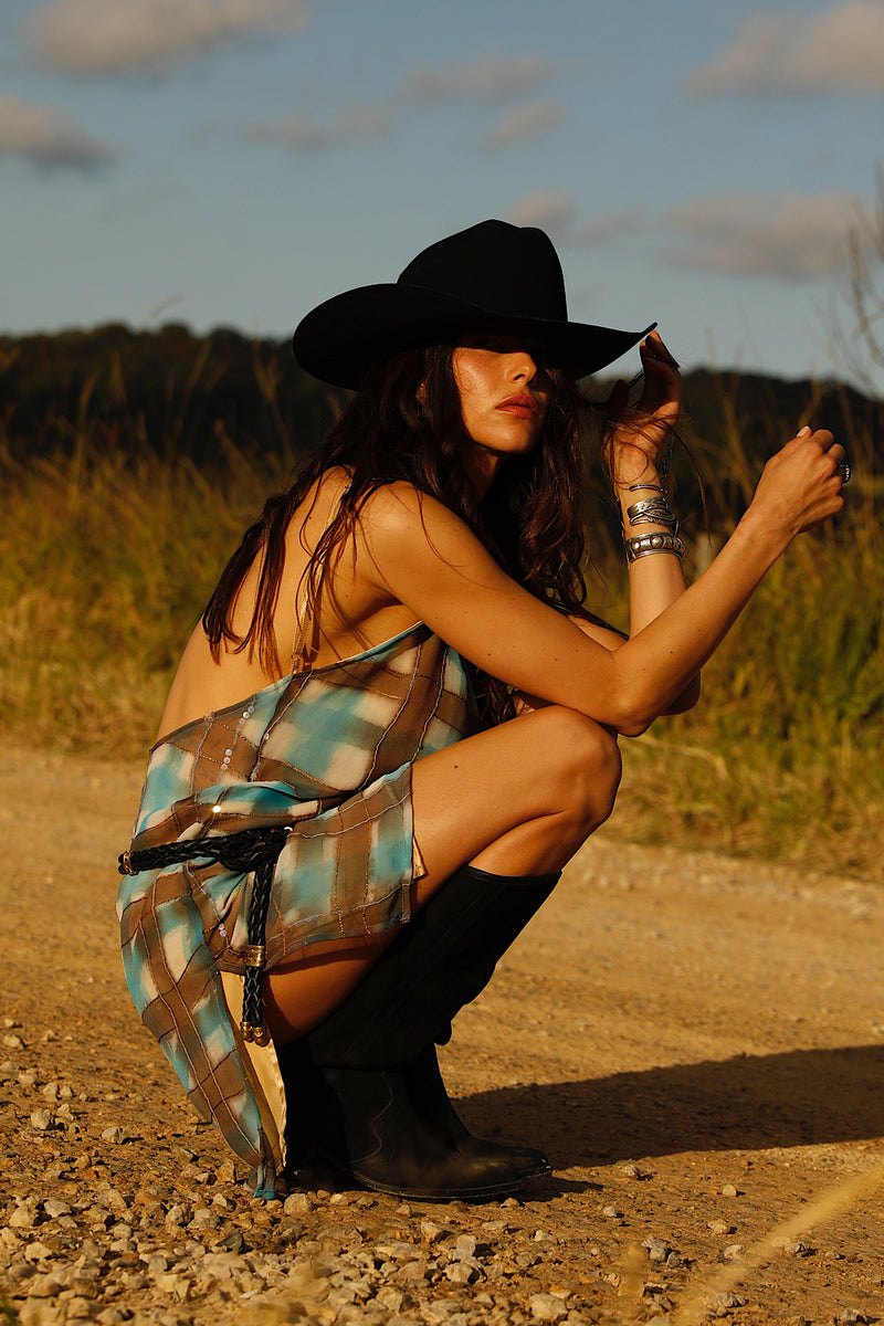 Lady Stardust Beaded Silk Mini Dress - Check