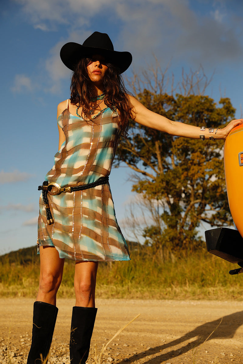 Lady Stardust Beaded Silk Mini Dress - Check