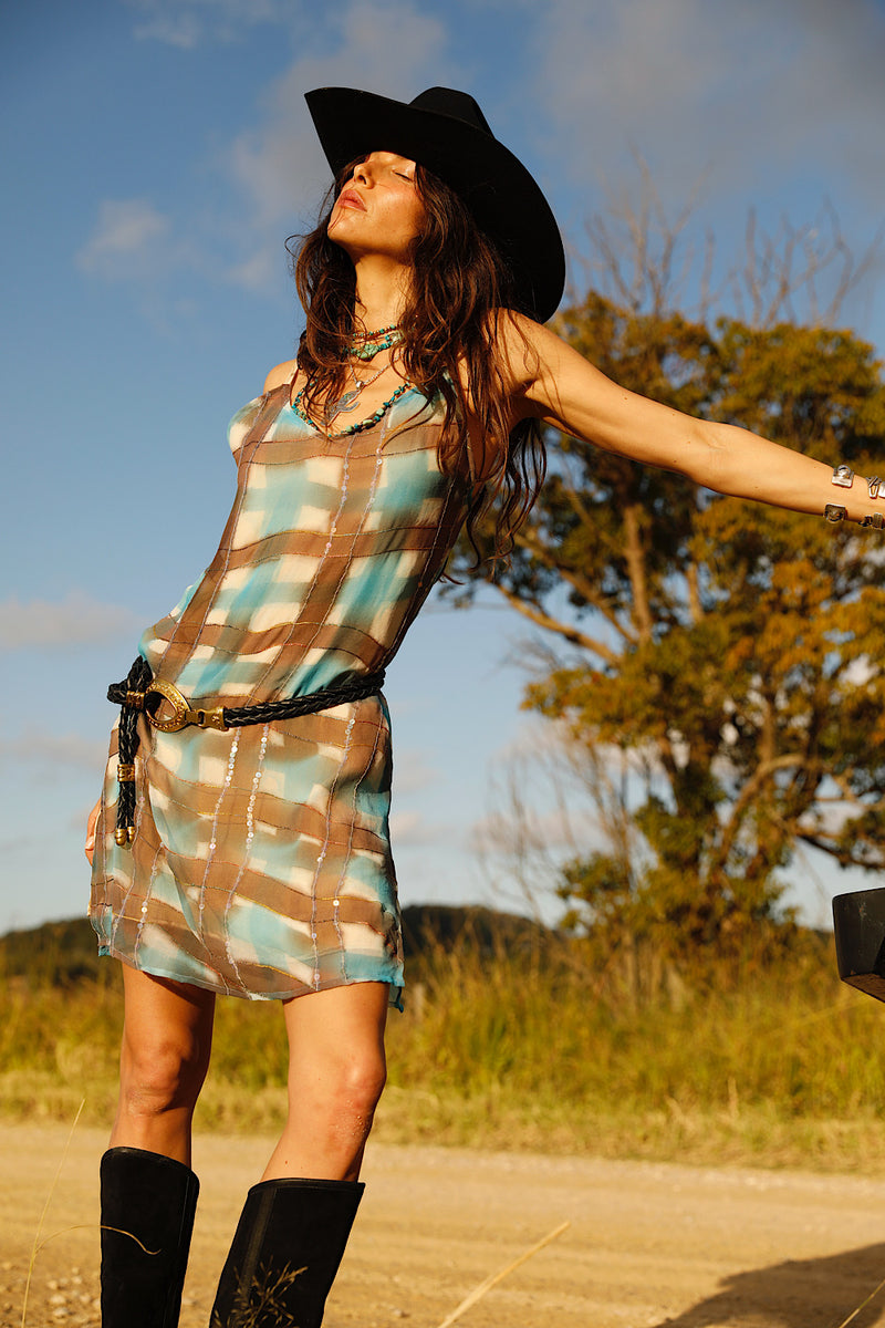 Lady Stardust Beaded Silk Mini Dress - Check