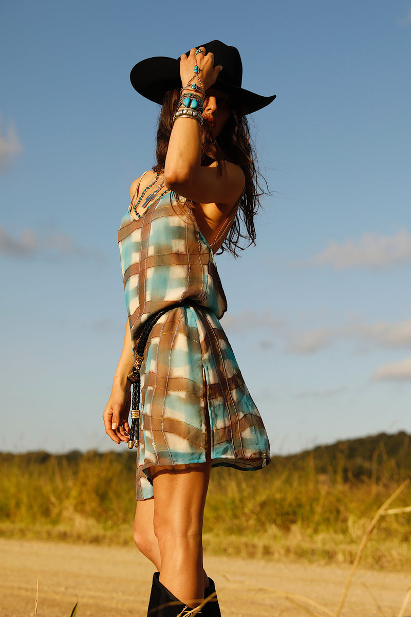 Lady Stardust Beaded Silk Mini Dress - Check