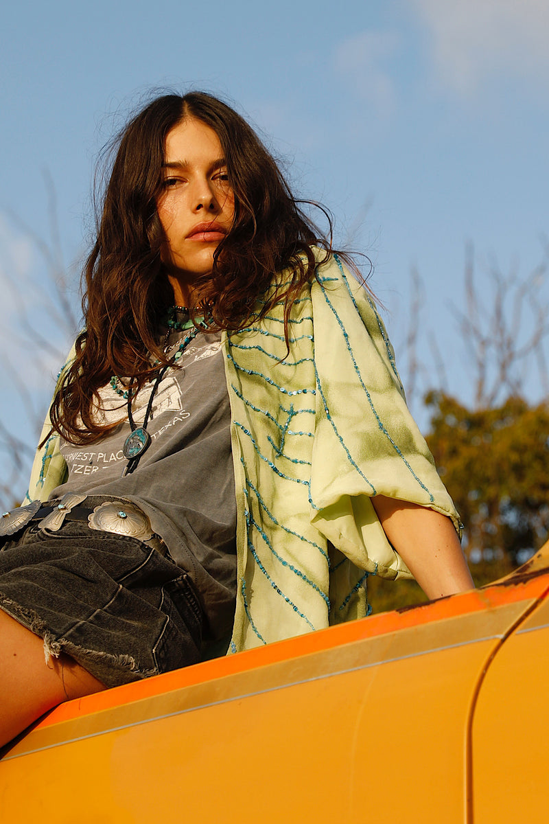 Starman Silk + Sequin Kimono Jacket - Green