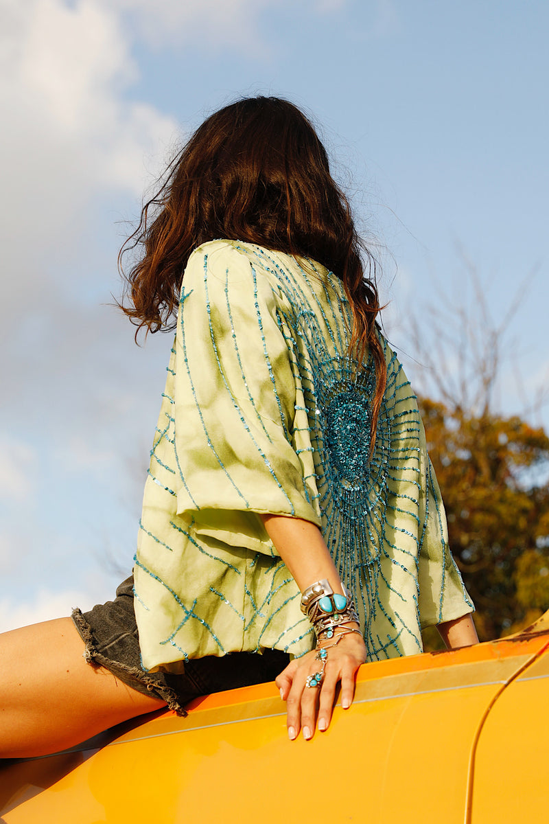 Starman Silk + Sequin Kimono Jacket - Green