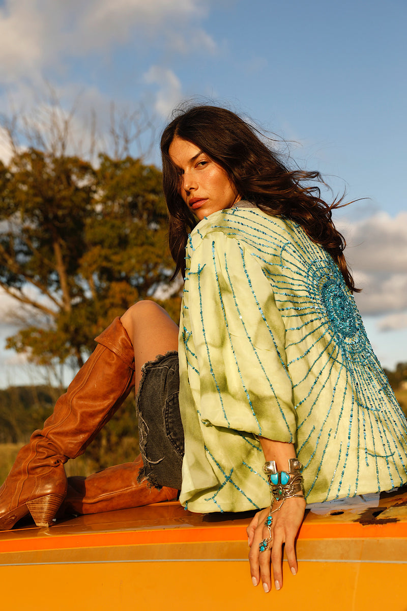 Starman Silk + Sequin Kimono Jacket - Green
