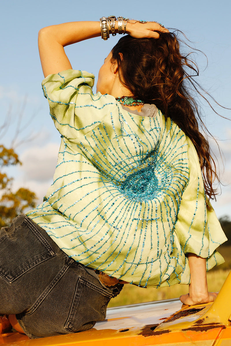 Starman Silk + Sequin Kimono Jacket - Green