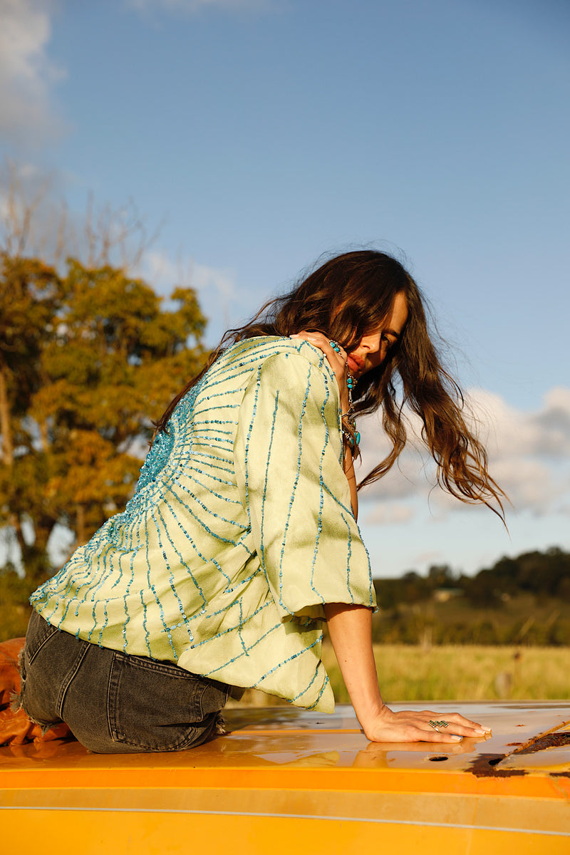 Starman Silk + Sequin Kimono Jacket - Green