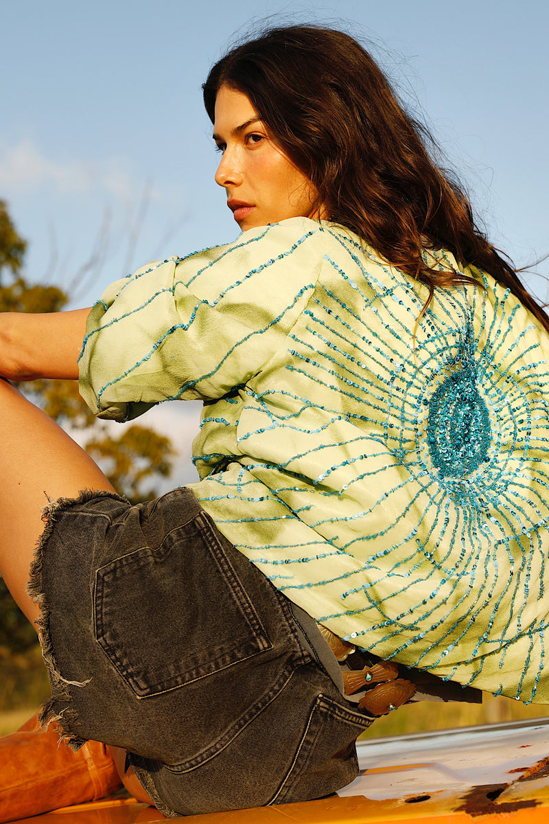 Starman Silk + Sequin Kimono Jacket - Green