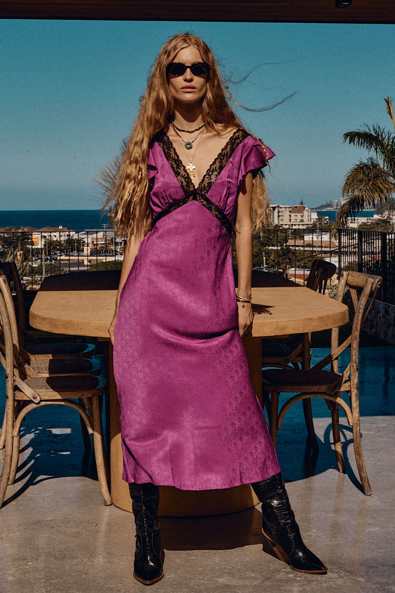 I Remember Everything Silk Jacquard Midi Dress - Fuschia