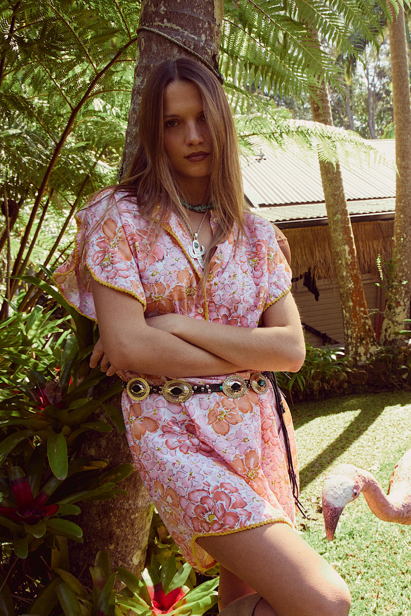 Lazy Sunday Cotton Mini Dress - Orange & Pink Floral