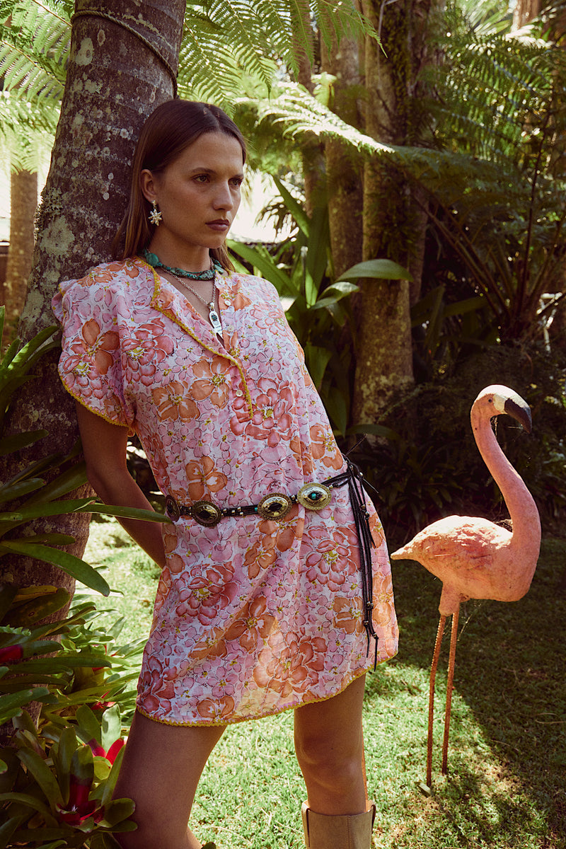 Lazy Sunday Cotton Mini Dress - Orange & Pink Floral