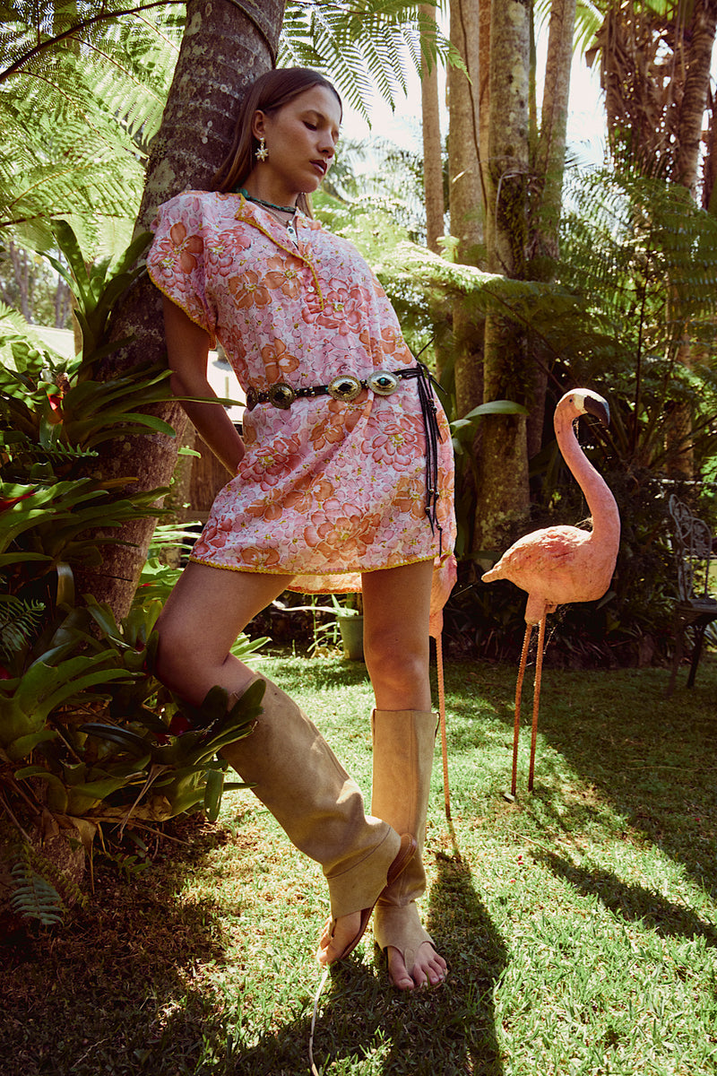 Lazy Sunday Cotton Mini Dress - Orange & Pink Floral