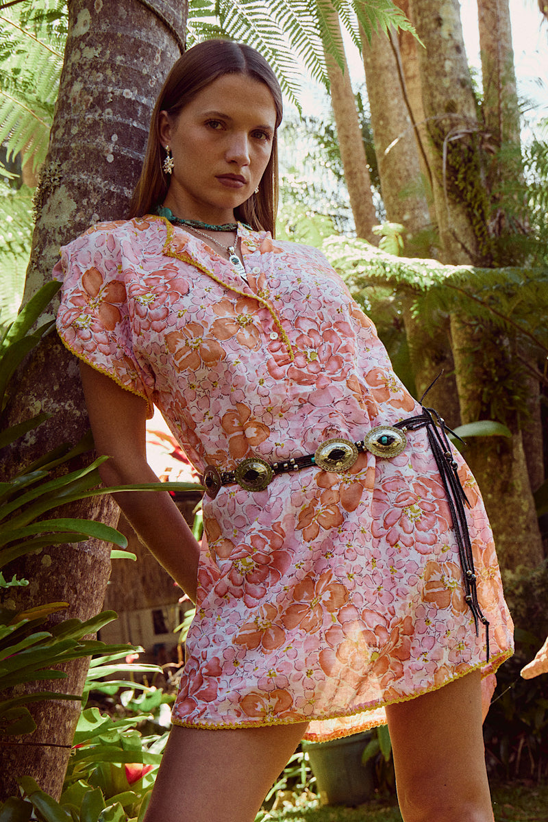 Lazy Sunday Cotton Mini Dress - Orange & Pink Floral