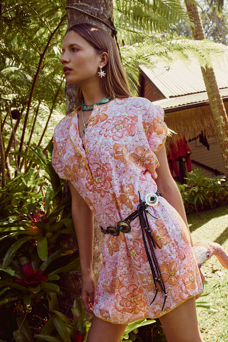 Lazy Sunday Cotton Mini Dress - Orange & Pink Floral