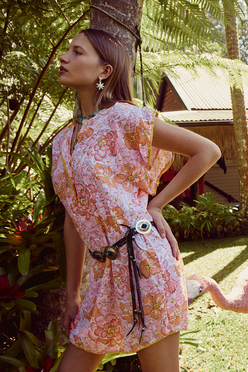 Lazy Sunday Cotton Mini Dress - Orange & Pink Floral