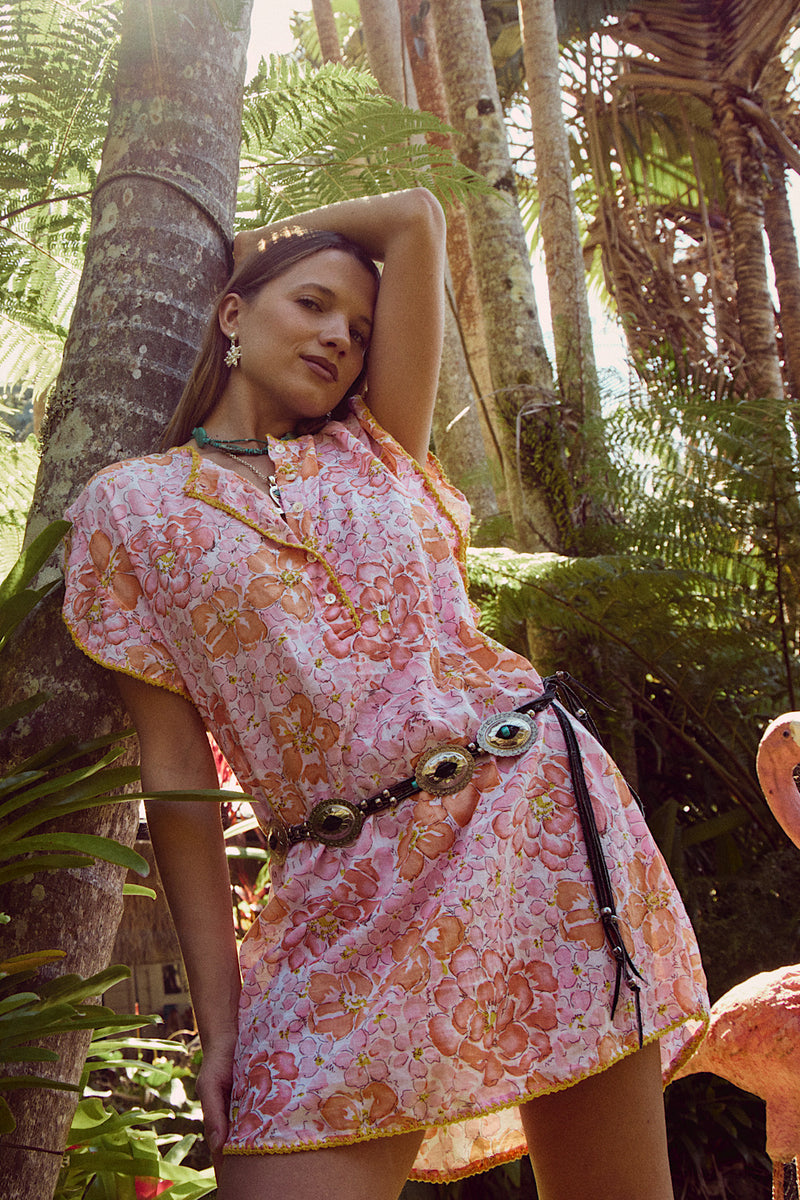 Lazy Sunday Cotton Mini Dress - Orange & Pink Floral