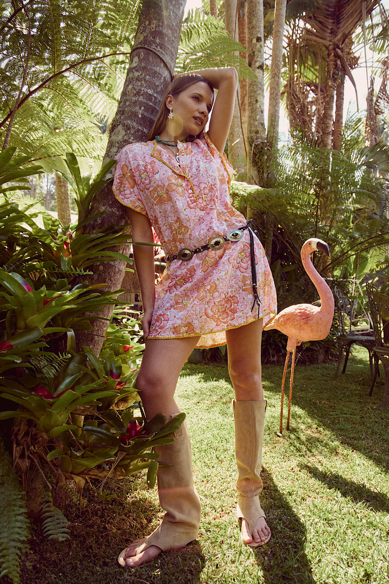 Lazy Sunday Cotton Mini Dress - Orange & Pink Floral