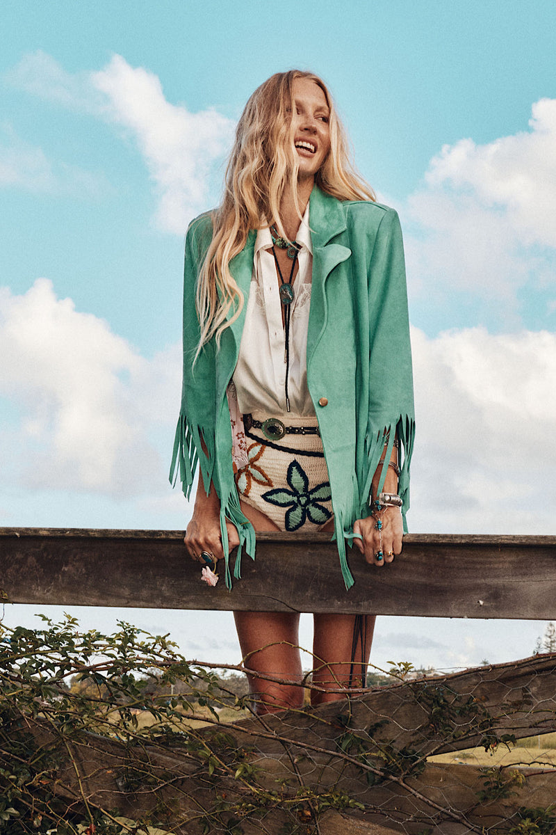 Lone Star Fringe Suede Jacket - Turquoise