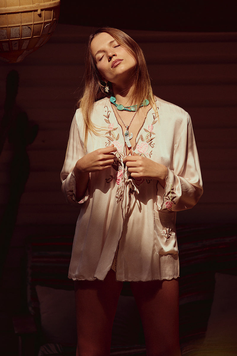 Slow It Down Silk Satin+ Embroidered Blouse - Blush