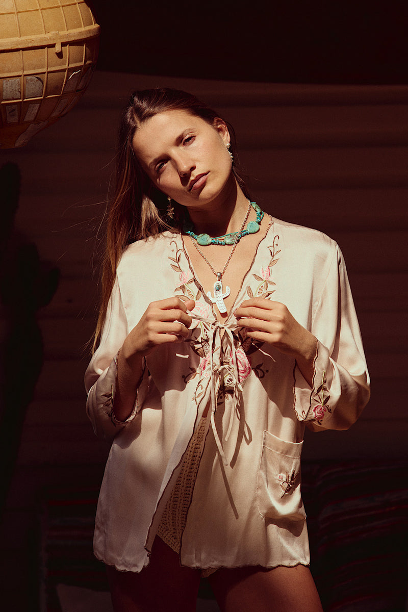 Slow It Down Silk Satin+ Embroidered Blouse - Blush