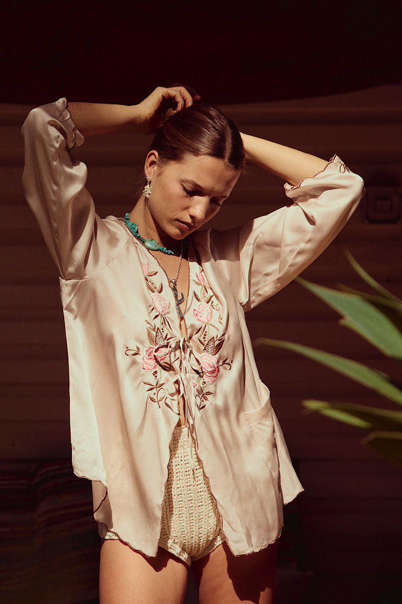 Slow It Down Silk Satin+ Embroidered Blouse - Blush