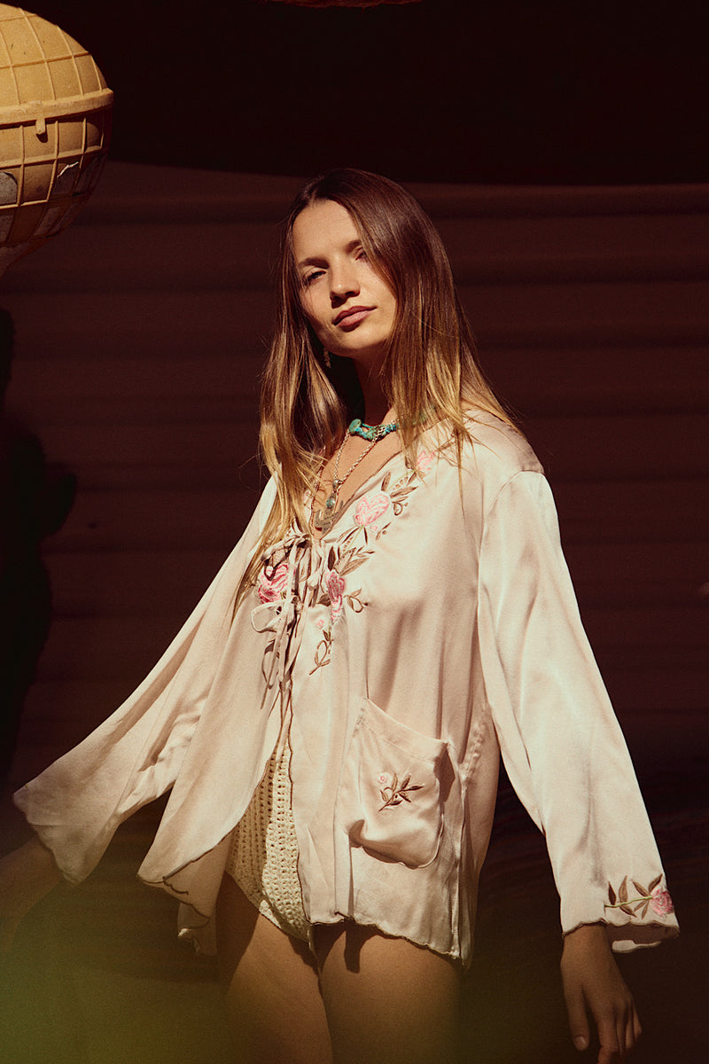 Slow It Down Silk Satin+ Embroidered Blouse - Blush