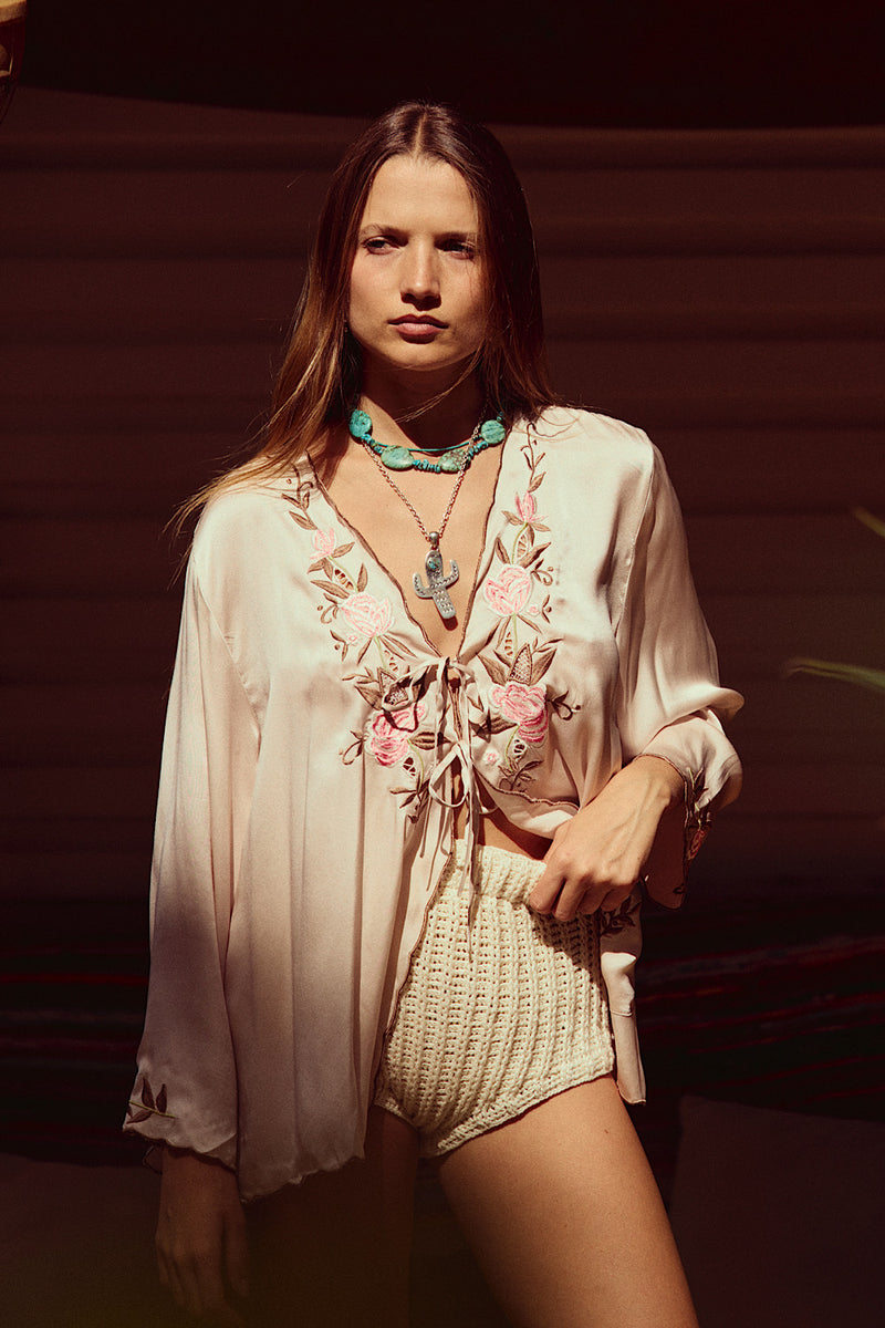 Slow It Down Silk Satin+ Embroidered Blouse - Blush