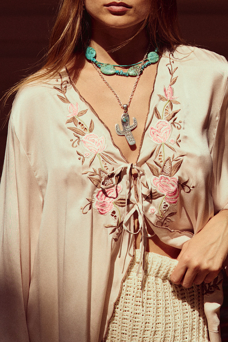 Slow It Down Silk Satin+ Embroidered Blouse - Blush