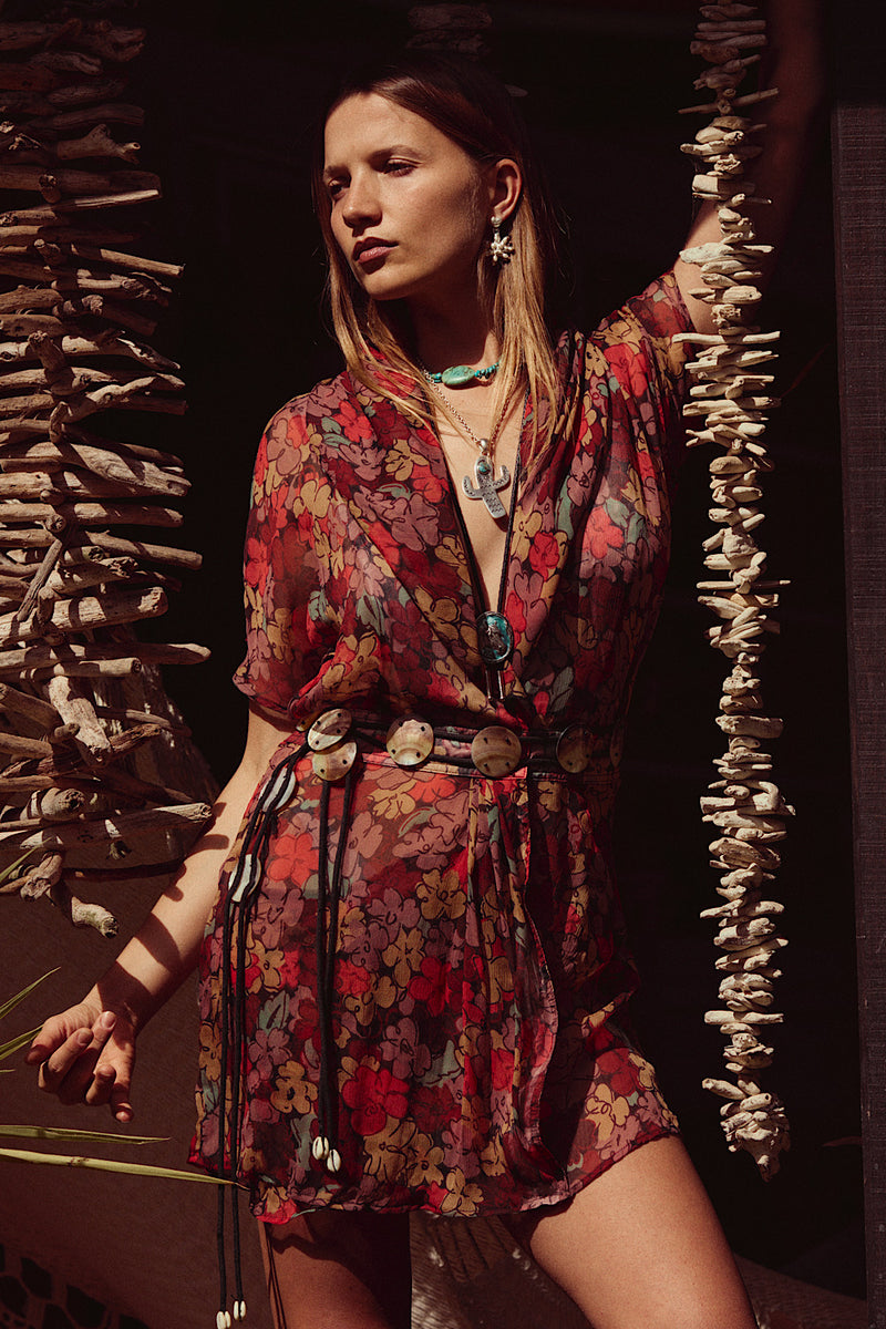 Daydream Believer Silk Wrap Mini Dress - Red Floral