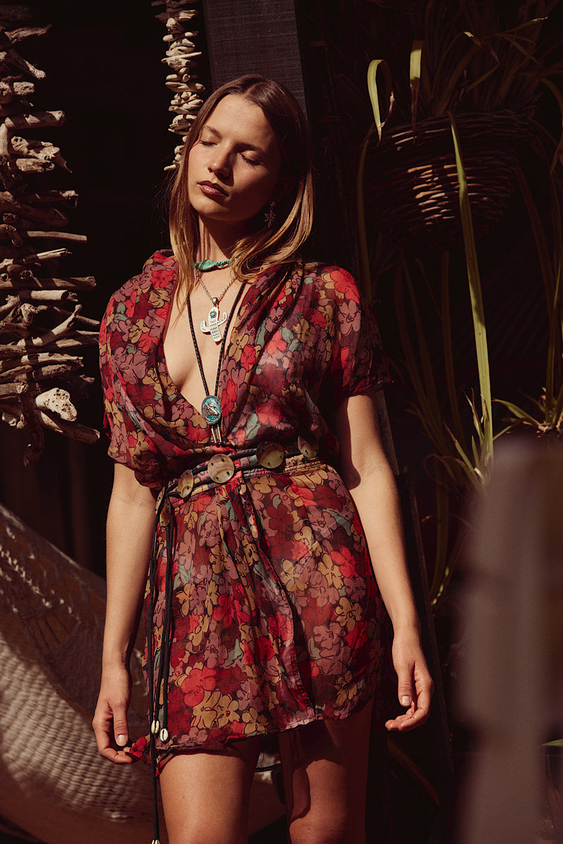 Daydream Believer Silk Wrap Mini Dress - Red Floral