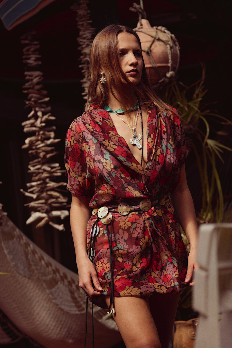 Daydream Believer Silk Wrap Mini Dress - Red Floral