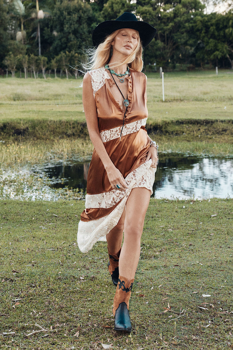Valley Song Silk + Lace Slip Dress - Caramel