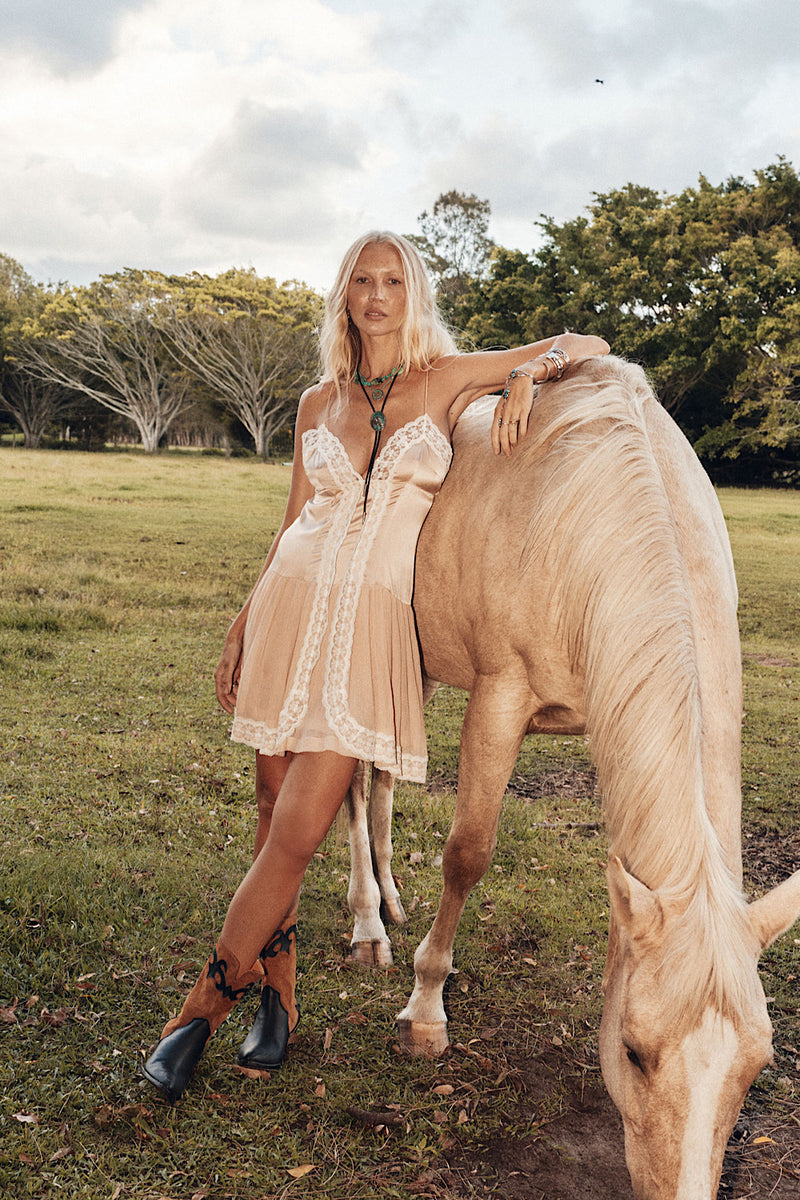 Come Wander With Me Silk Satin + Lace Mini Dress