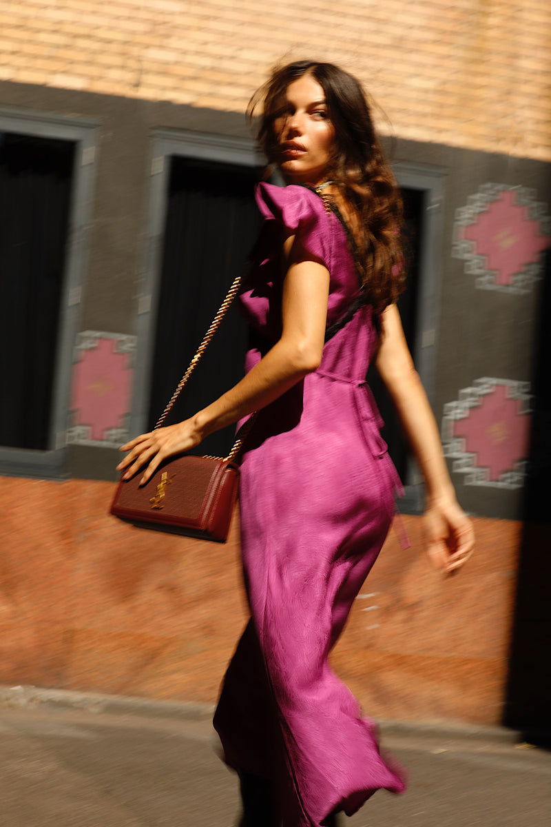 I Remember Everything Silk Jacquard Midi Dress - Fuschia