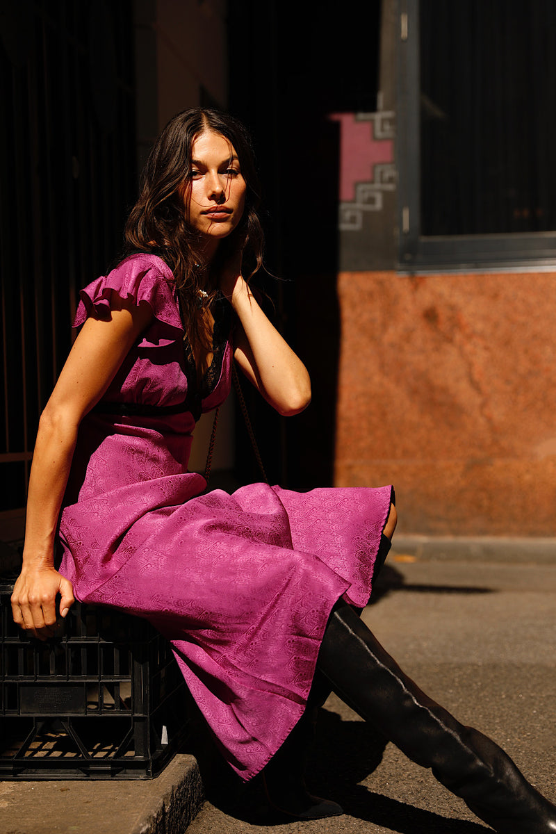 I Remember Everything Silk Jacquard Midi Dress - Fuschia