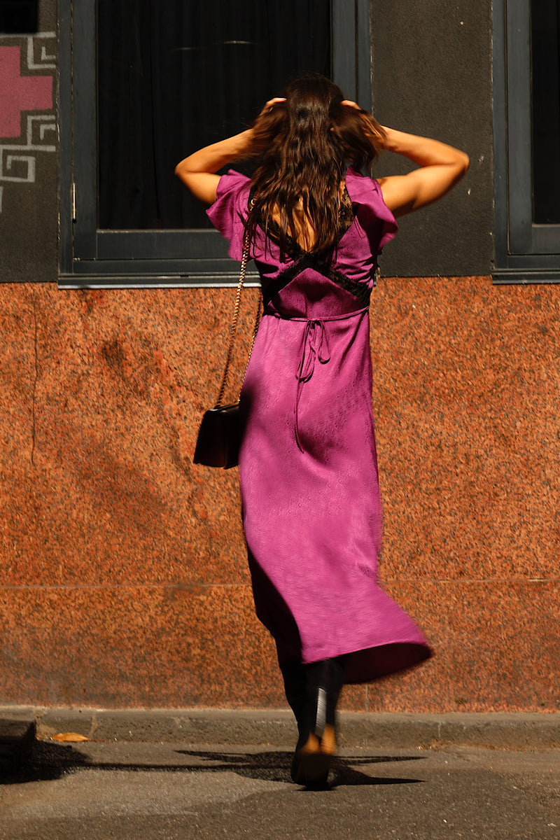 I Remember Everything Silk Jacquard Midi Dress - Fuschia