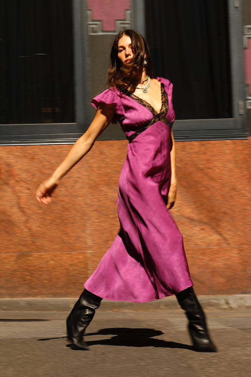 I Remember Everything Silk Jacquard Midi Dress - Fuschia