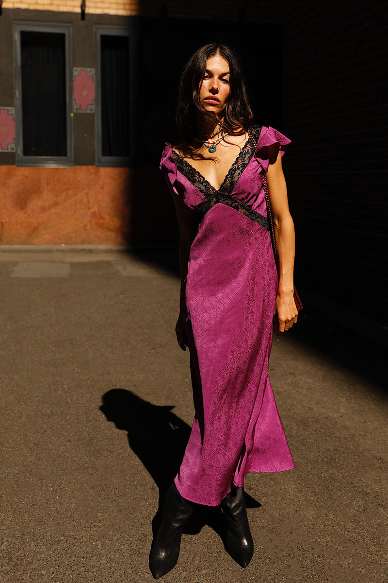 I Remember Everything Silk Jacquard Midi Dress - Fuschia
