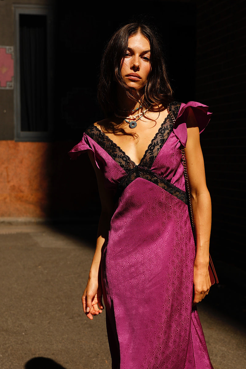 I Remember Everything Silk Jacquard Midi Dress - Fuschia