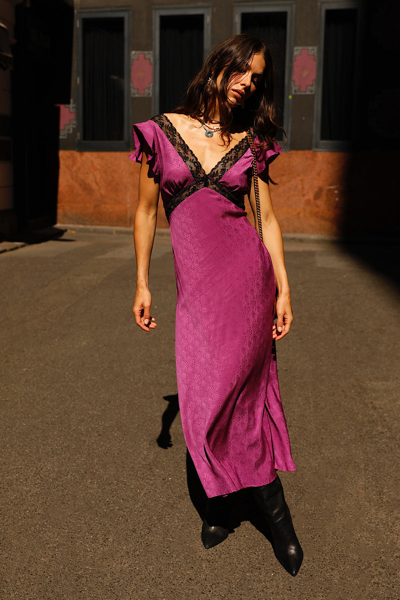 I Remember Everything Silk Jacquard Midi Dress - Fuschia