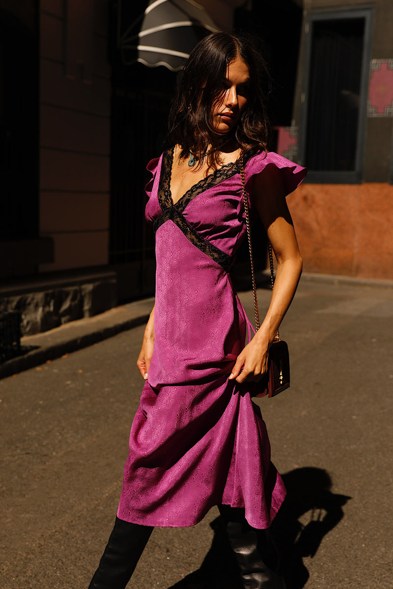 I Remember Everything Silk Jacquard Midi Dress - Fuschia