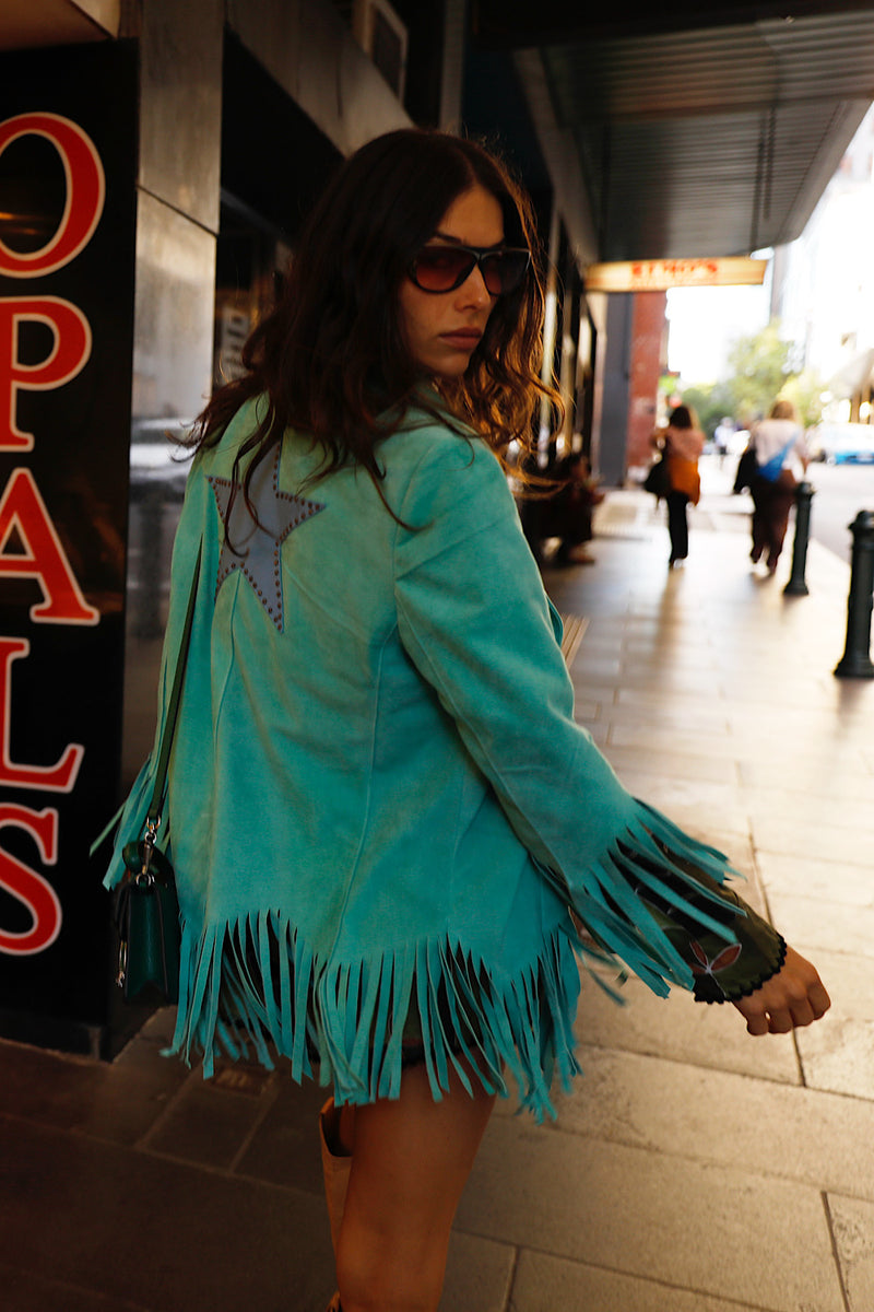 Lone Star Fringe Suede Jacket - Turquoise