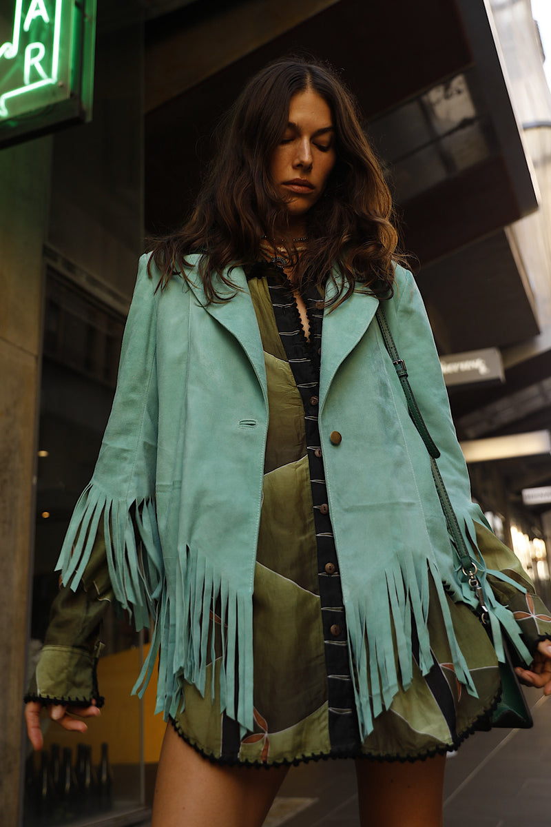 Lone Star Fringe Suede Jacket - Turquoise