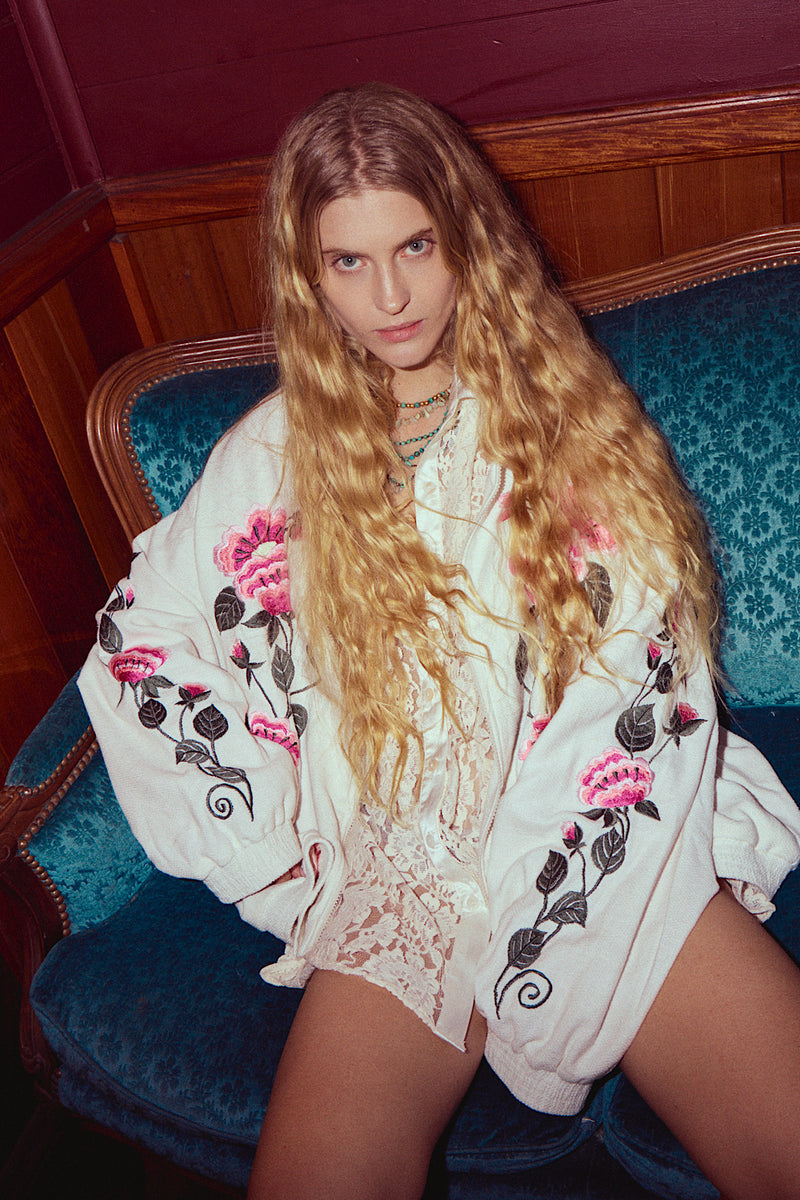 Country Rose Embroidered Cotton + Silk Bomber Jacket