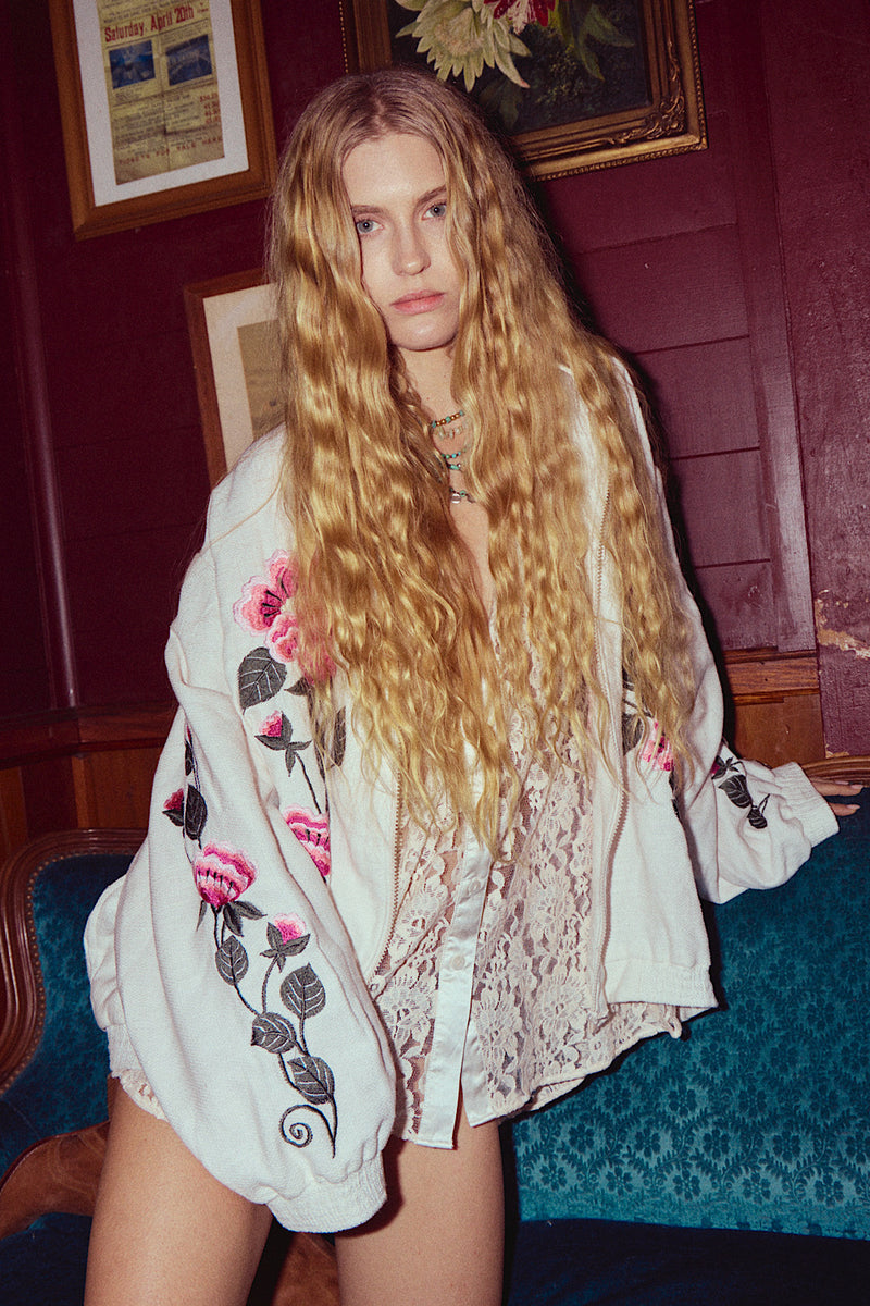 Country Rose Embroidered Cotton + Silk Bomber Jacket